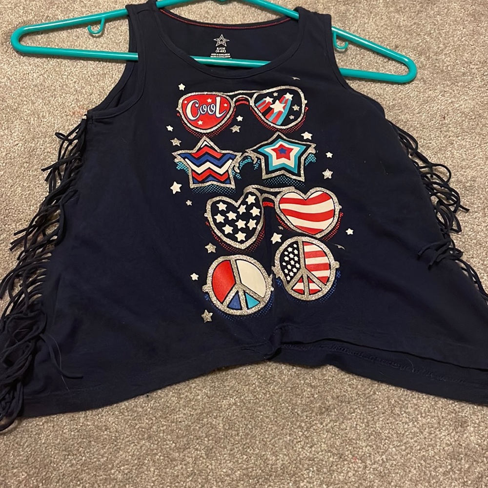 Red white and blue tank top with glasses and fringe